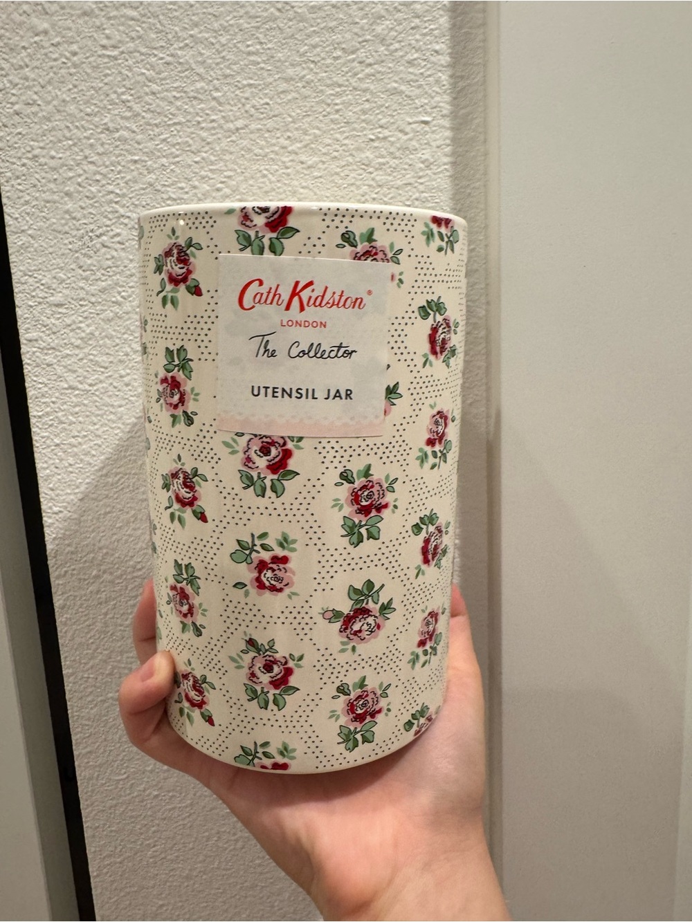 Cath Kidston Cream Floral Utensil Jar with Red Rose Pattern